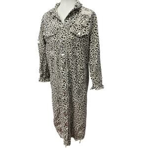 Carole Christian Small Distressed Button Up Leopard Print Cotton Denim Long Coat